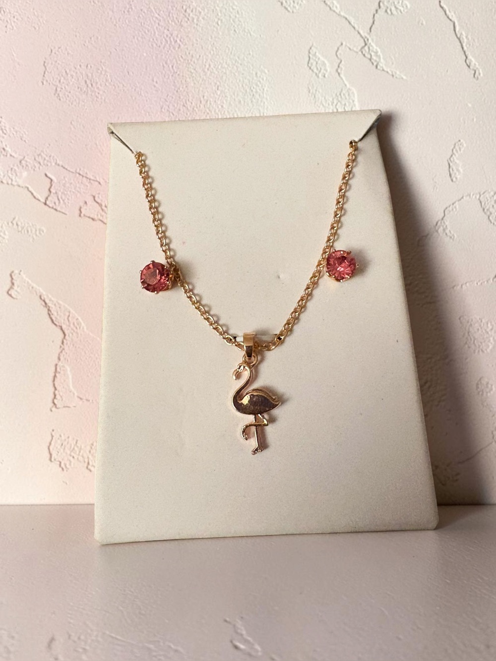 🦩 Gold Tone Flamingo Pendant Necklace & Pink Crystal Earrings Jewelry Set
